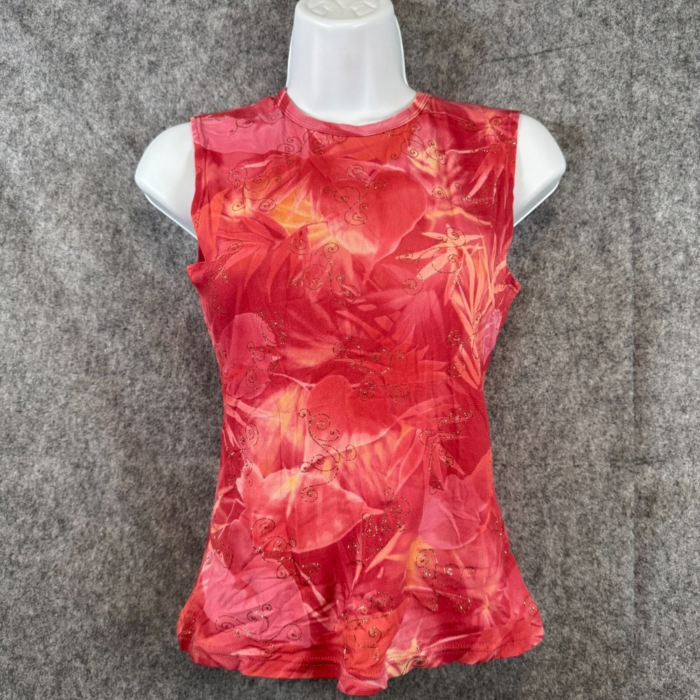 Vtg Y2K Sleeveless Top Junior Ladies Size Small/Med Pink Art Tropical Bling